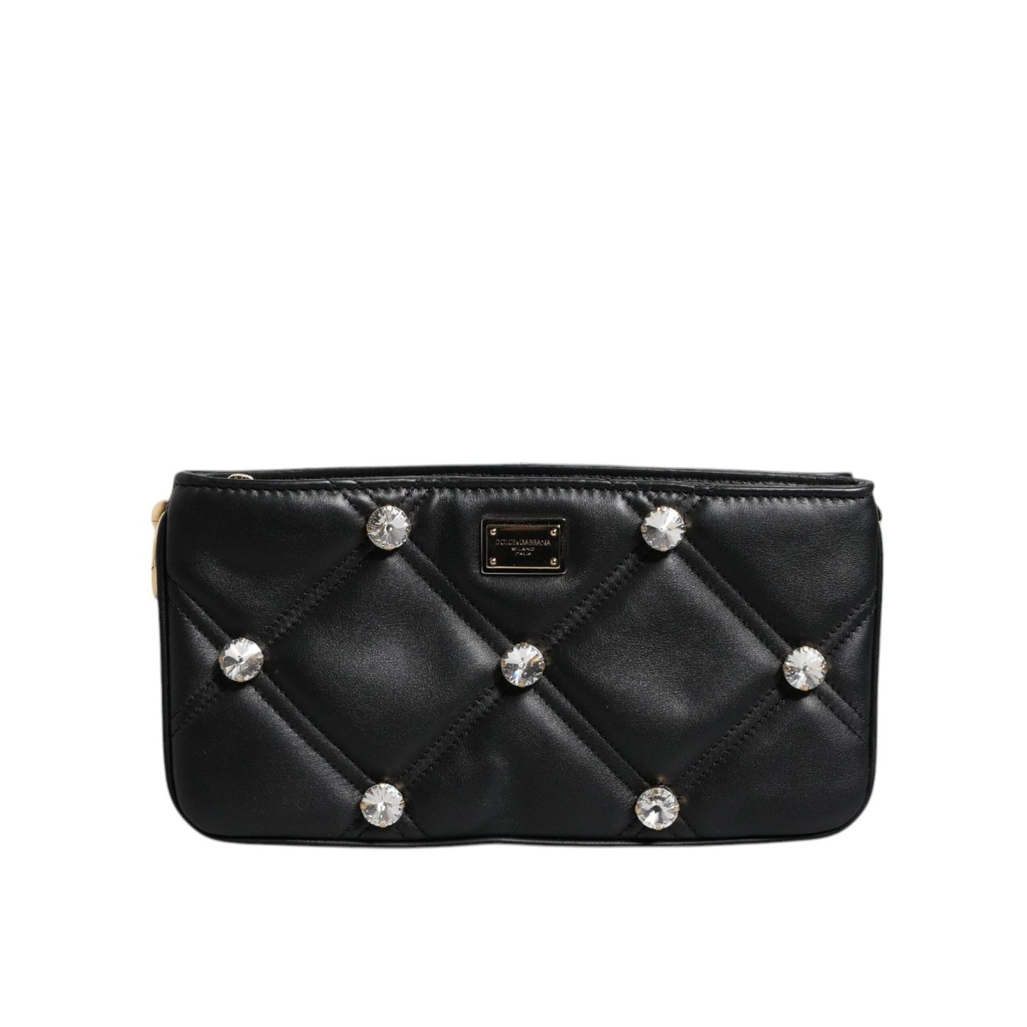 Dolce & Gabbana Black Leather Crystal Embellished Logo Shoulder Bag BAG4015