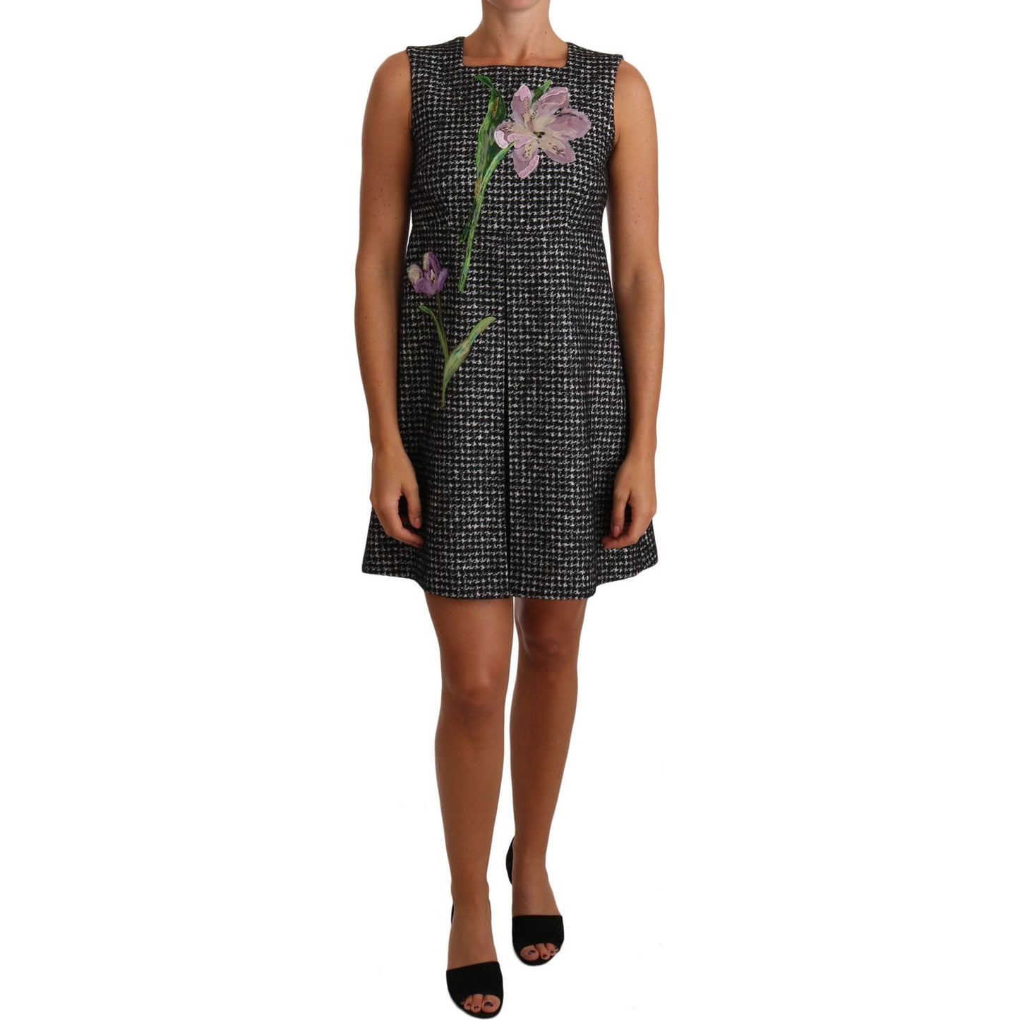 Dolce & Gabbana Gray Houndstooth Floral Appliqué Shift Mini Dress DR1439-40