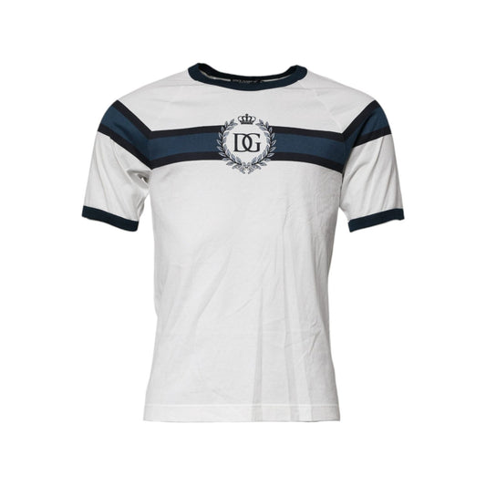 Dolce & Gabbana White Logo Print Cotton Men Crew Neck T-shirt featuring short sleeves and a regular fit.
