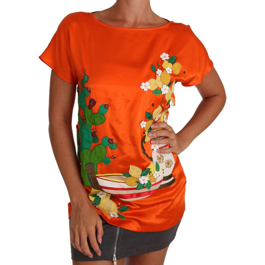 Dolce & Gabbana Silk Orange Lemon Crystal T-shirt Top