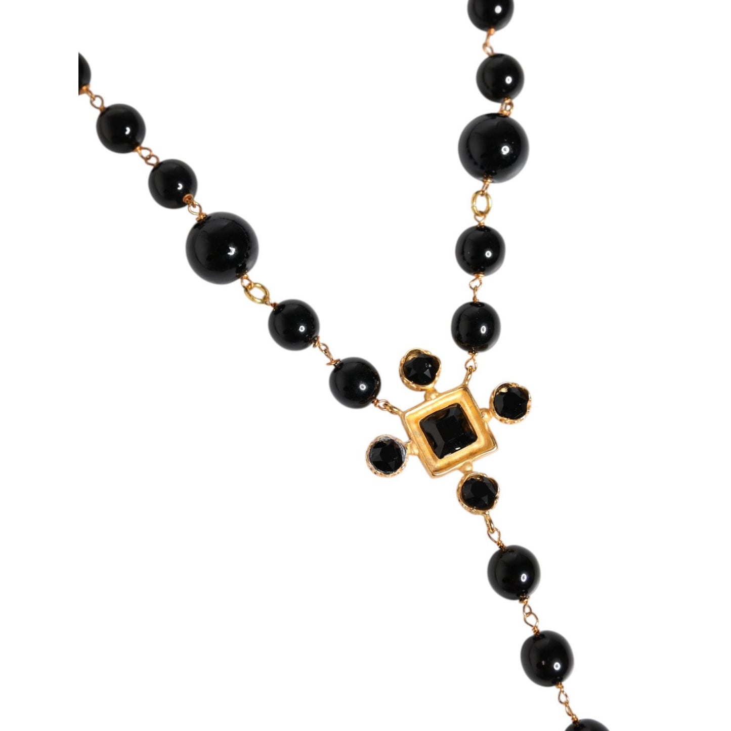 Dolce & Gabbana Gold Tone Brass Cross Black Beaded Chain Rosary Necklace SMY10549