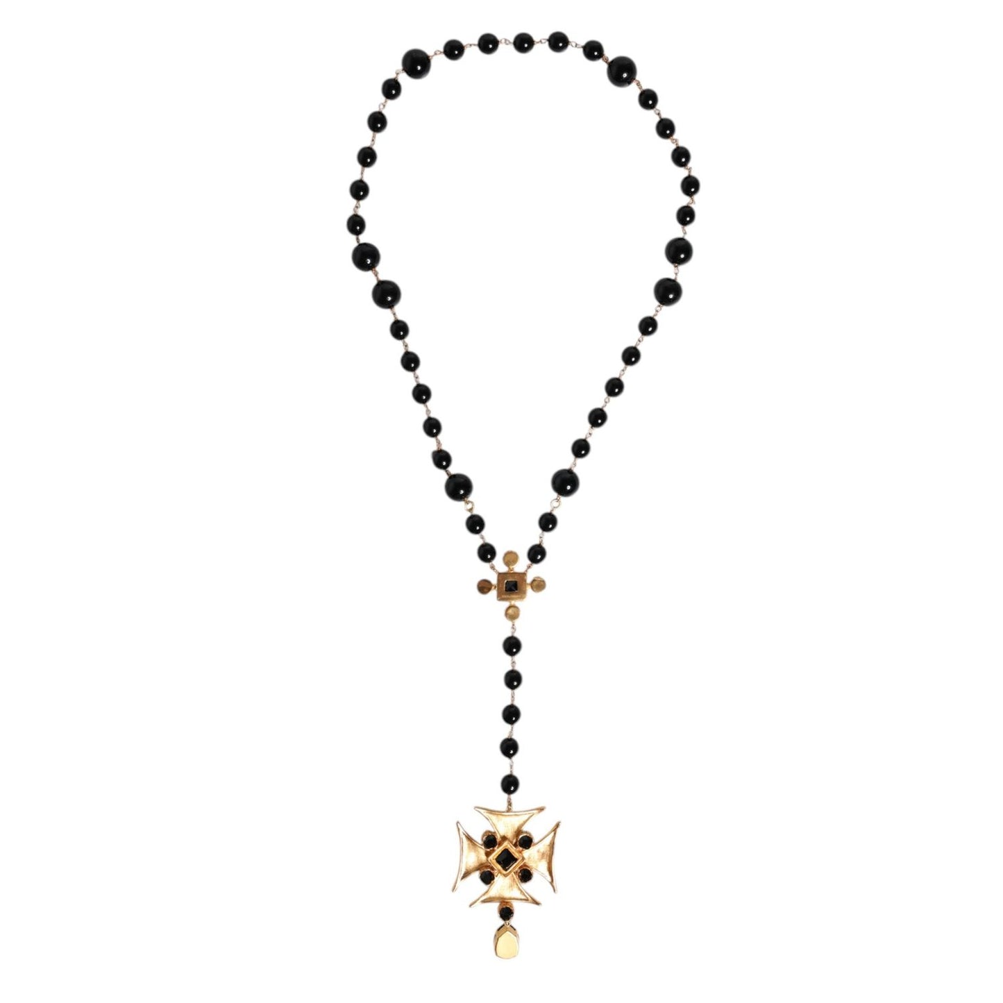 Dolce & Gabbana Gold Tone Brass Cross Black Beaded Chain Rosary Necklace SMY10549