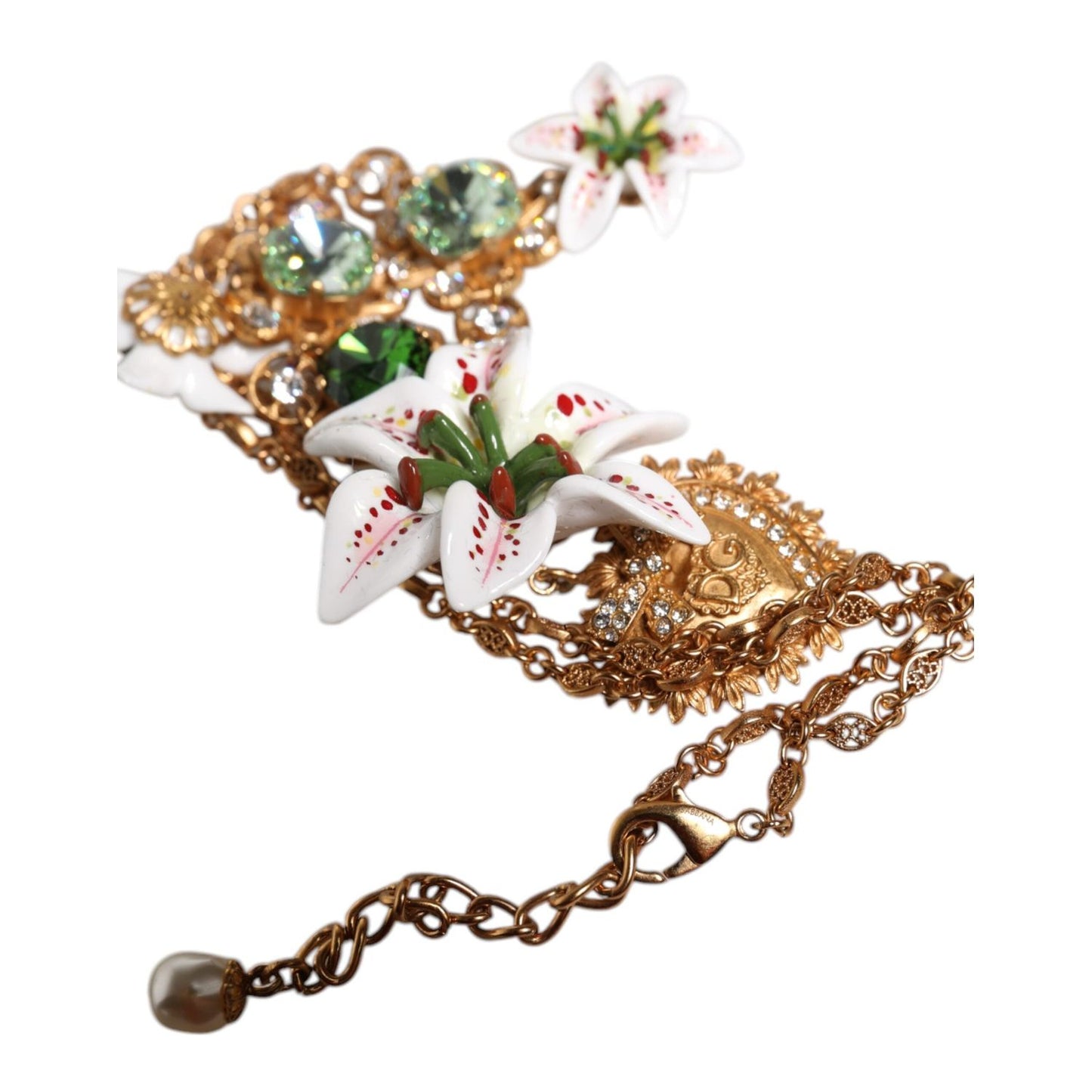Dolce & Gabbana Gold Brass Lily Crystal Sacred Heart Pendant Necklace SMY10543