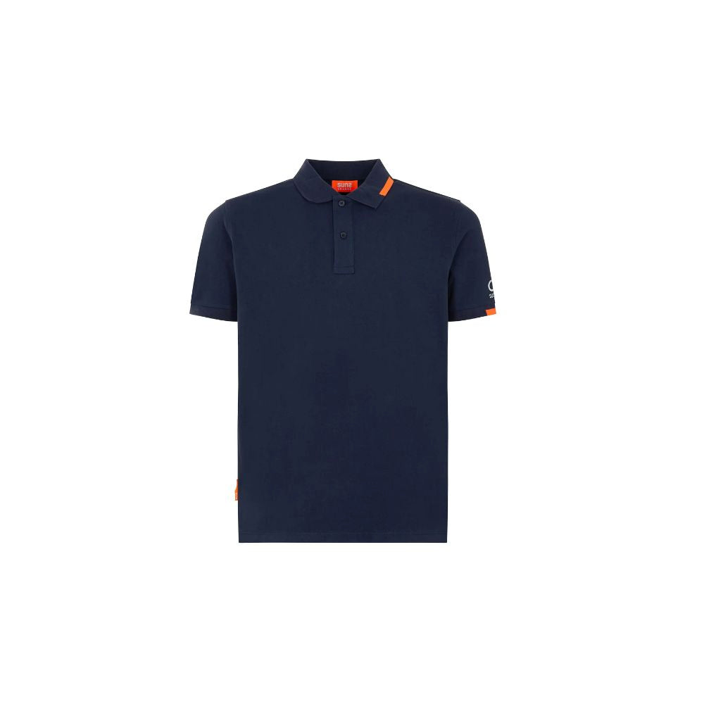 Suns Blue Cotton Polo Shirt with ribbed collar, logo on sleeve, and button closure for stylish comfort.