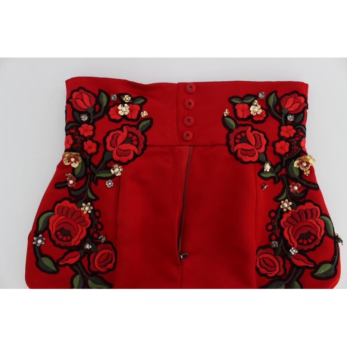 Dolce & Gabbana Red Silk Crystal Roses Shorts SIG20119-3