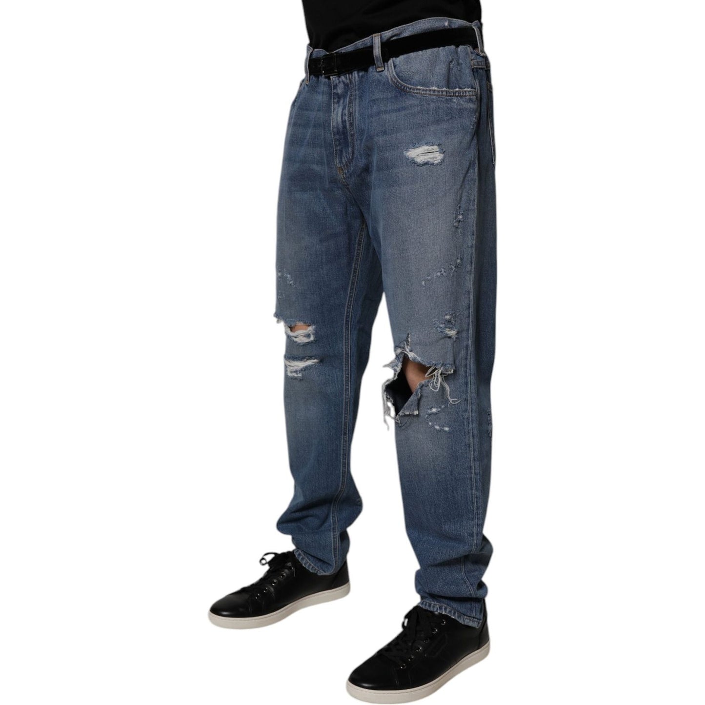 Dolce & Gabbana Blue Tattered Cotton Straight Denim Jeans