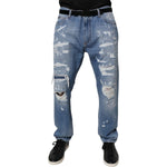 Dolce & Gabbana Blue Tattered Straight Cotton Denim Jeans