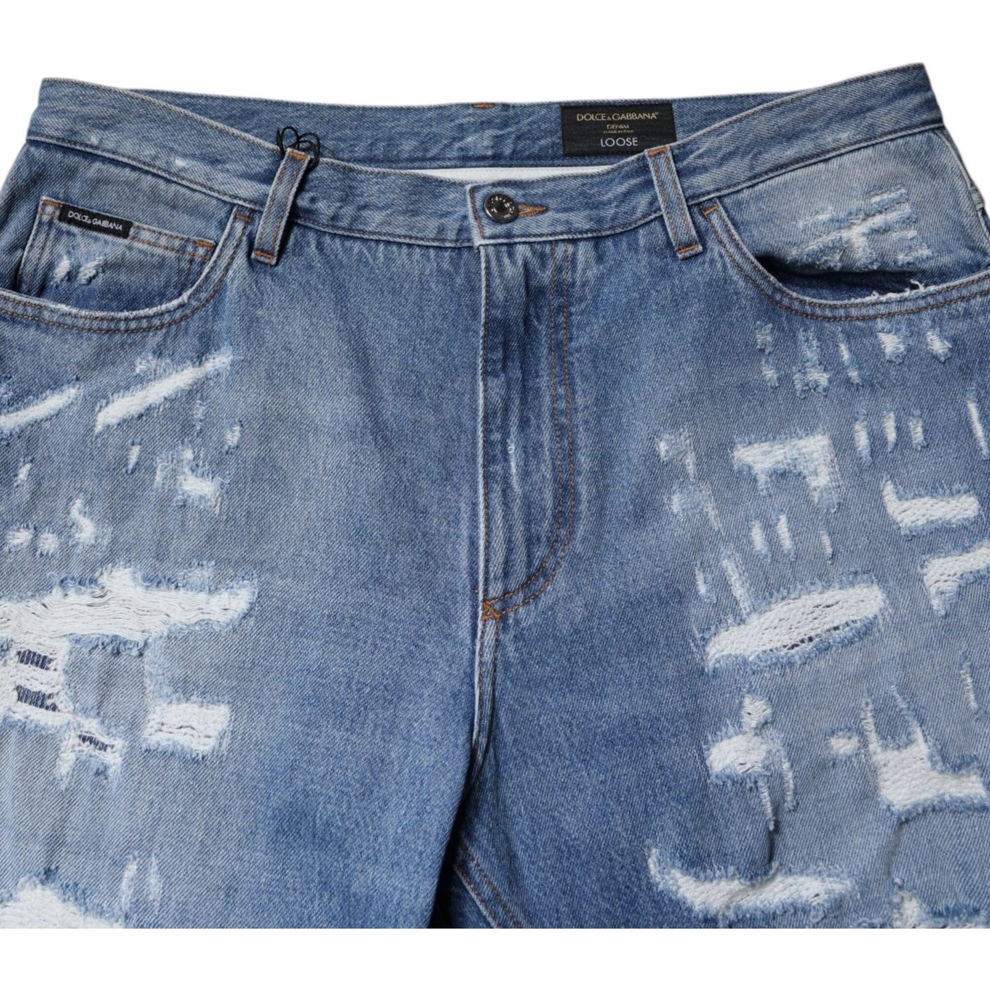 Dolce & Gabbana Blue Tattered Straight Cotton Denim Jeans