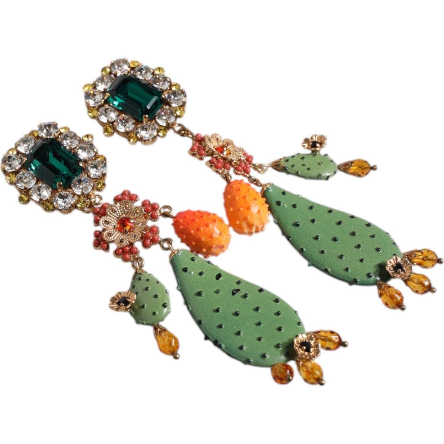 Dolce & Gabbana Green Cactus Crystal Clip On Dangling Jewelry Earrings