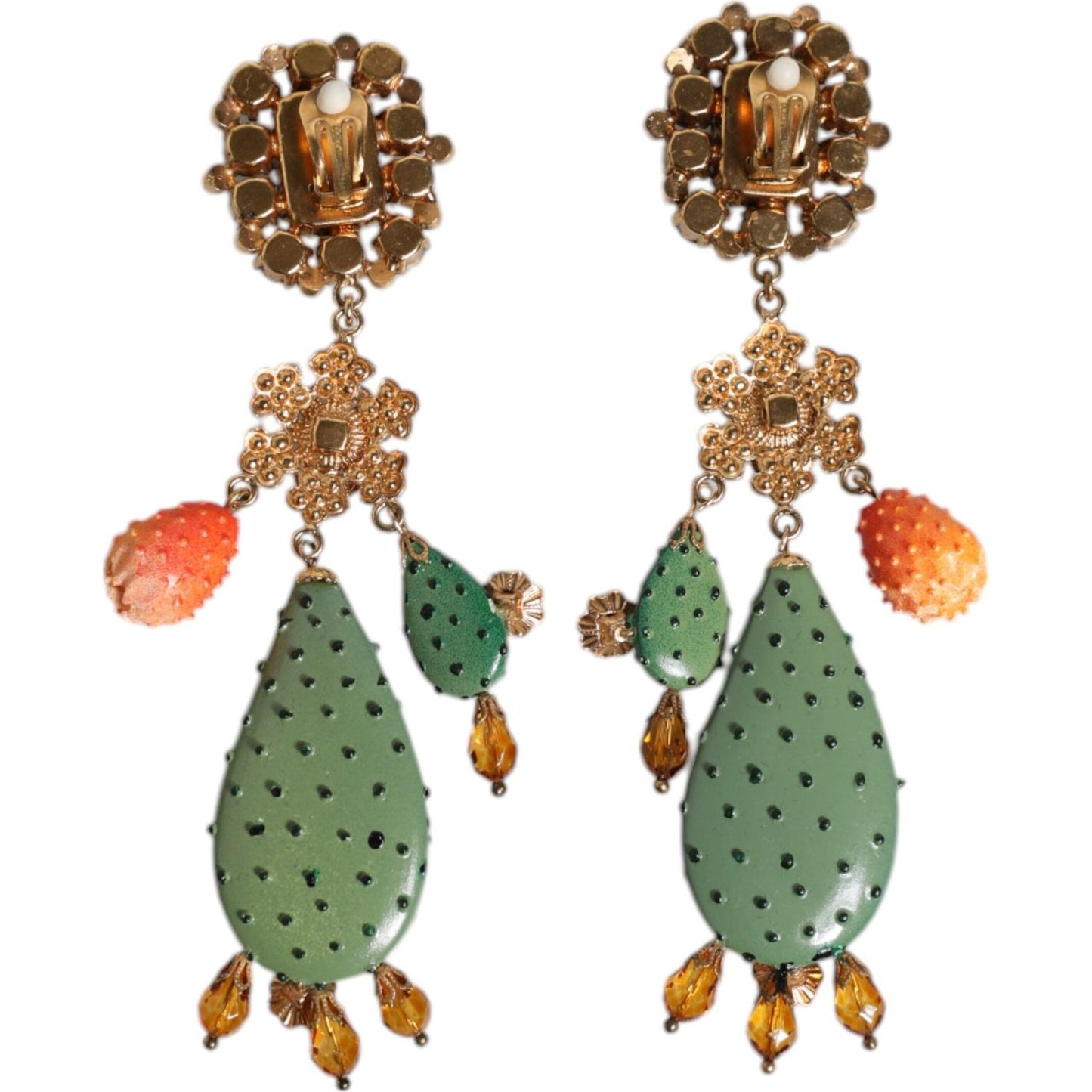 Dolce & Gabbana Green Cactus Crystal Clip On Dangling Jewelry Earrings