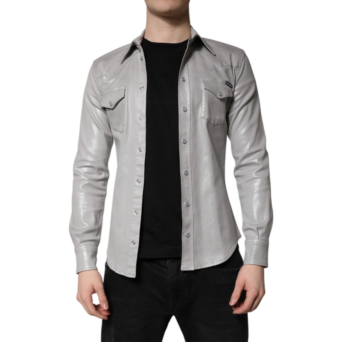 Dolce & Gabbana Metallic Gray Cotton Button Down Shirt TSH878487-38