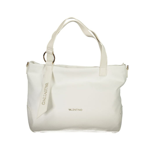 Mario Valentino White Polyethylene Handbag with logo, two shoulder handles, adjustable strap, internal pocket, and zip closure.