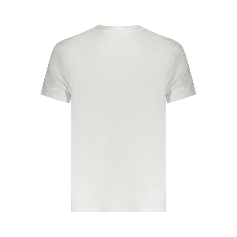 Calvin Klein White Cotton Men T-Shirt with V-Neck and logo embroidery, showcasing its minimalist design and breathable fabric from the back view.