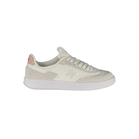 Tommy Hilfiger White Polyethylene Women Sneaker with pink accents and embroidered logo, side view.