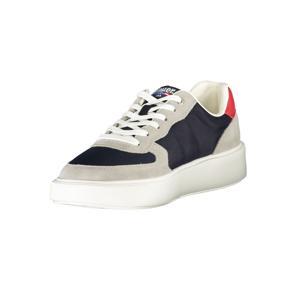 Blauer Blue Leather Men Sneaker with contrasting details and iconic Blauer logo, showcasing luxury design and trendsetting style.