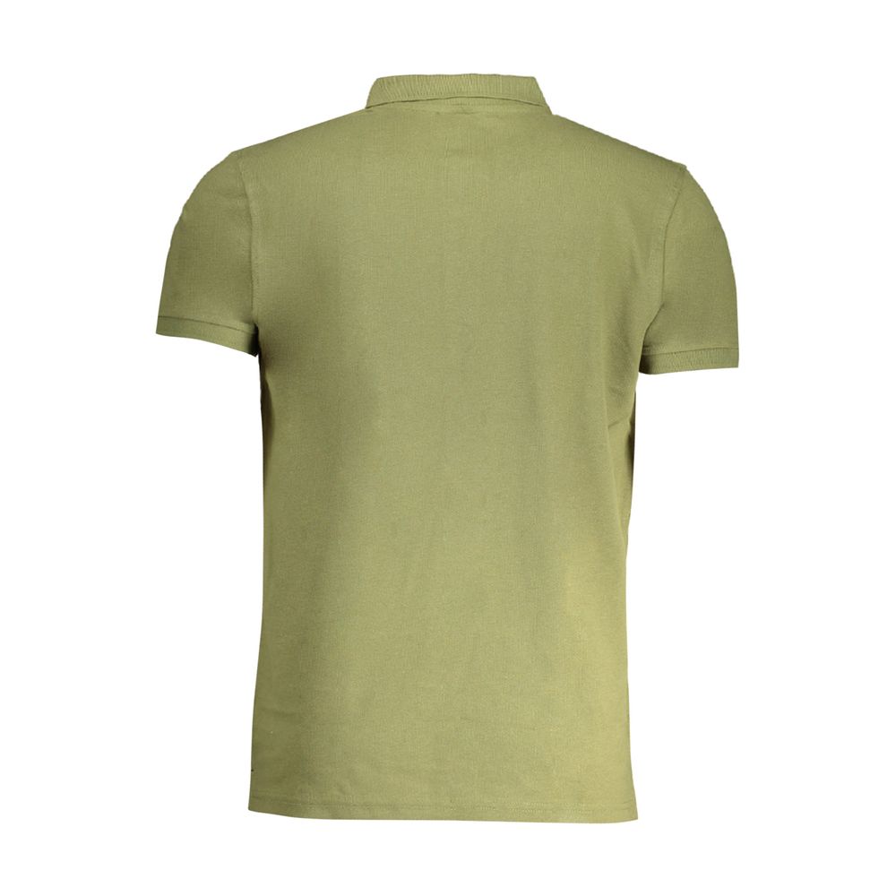 Back view of Cavalli Class Green Cotton Polo Shirt with short sleeves and buttons, featuring a printed logo.