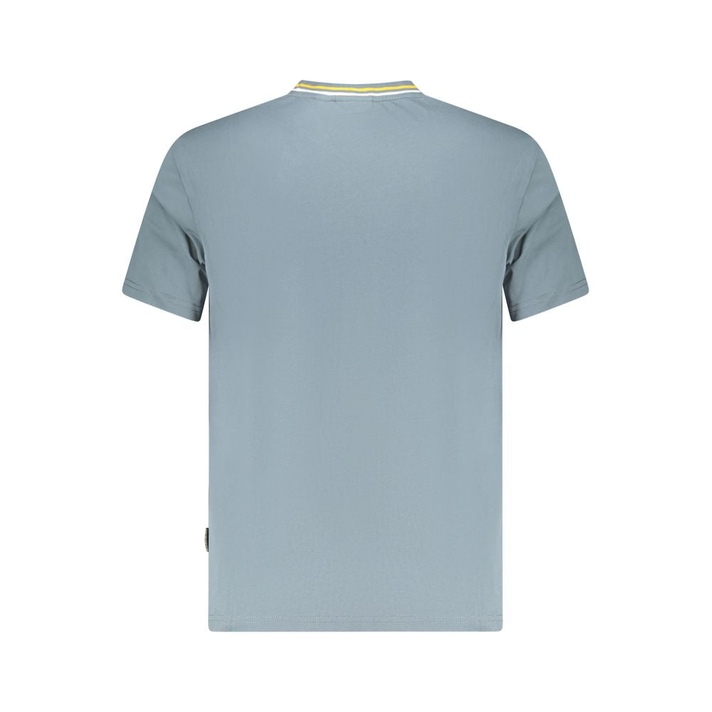 Light blue men's T-shirt showcasing back view with contrasting collar details.