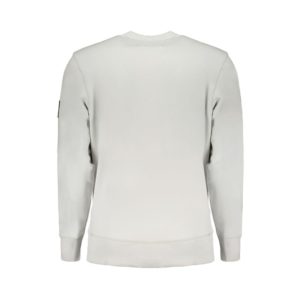 Calvin Klein Gray Cotton Men Sweater with crew neck and long sleeves, featuring high-contrast details and signature logo for urban sophistication.