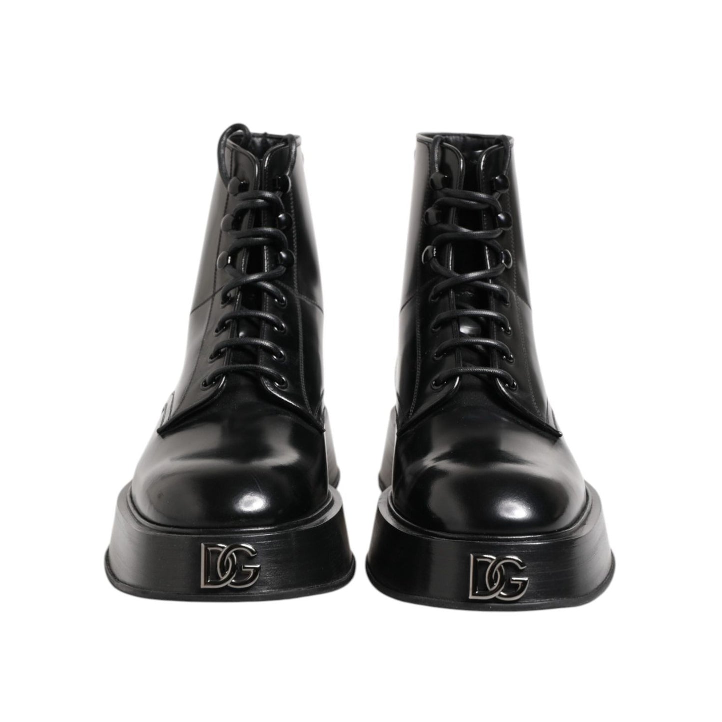 Dolce & Gabbana Black Leather Logo Ankle Boots Lace Up Shoes MV7391-42