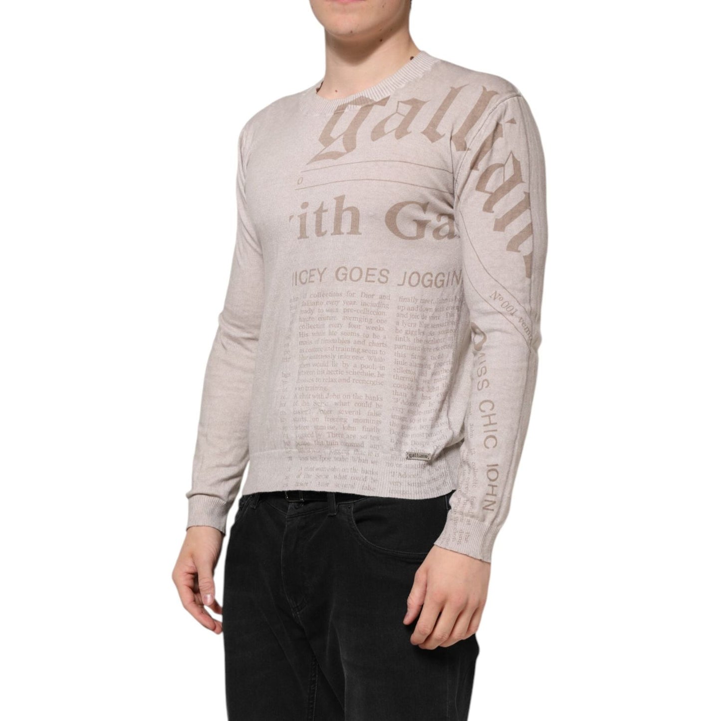 John Galliano Beige Printed Logo Roundneck Long Sleeves Men Sweater TSH90700-L