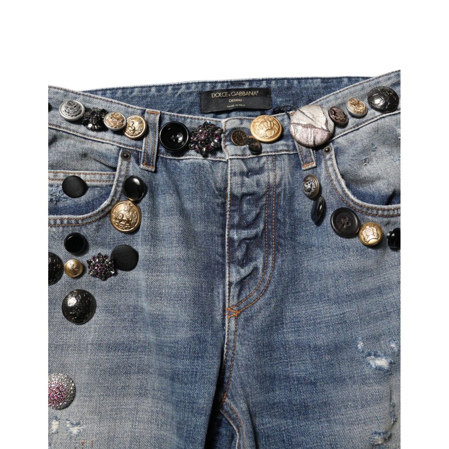 Dolce & Gabbana Blue Embellished Tattered SkinnyDenim Jeans
