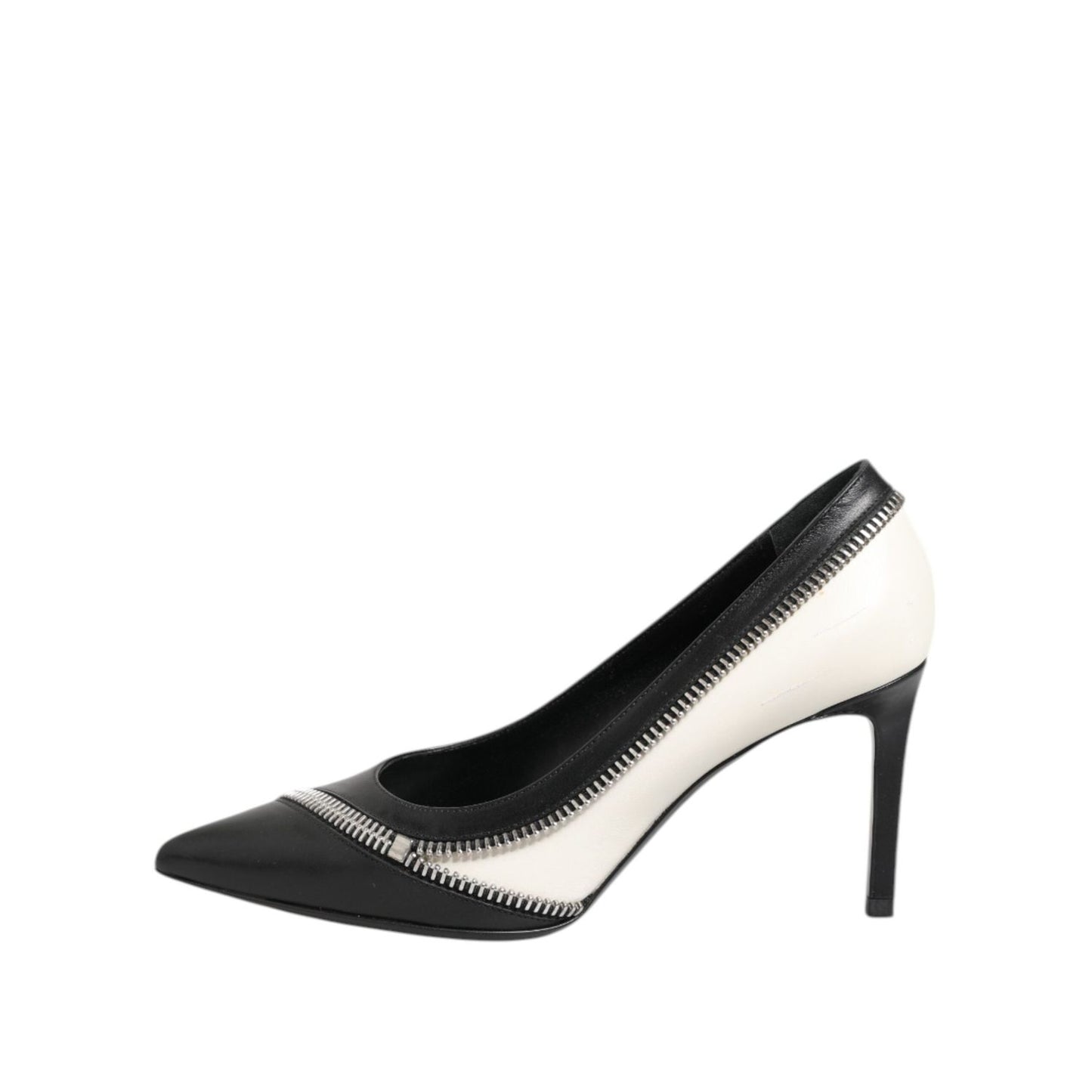 Saint Laurent White Black Leather Pointed Toe Heels Shoes LA12587-36