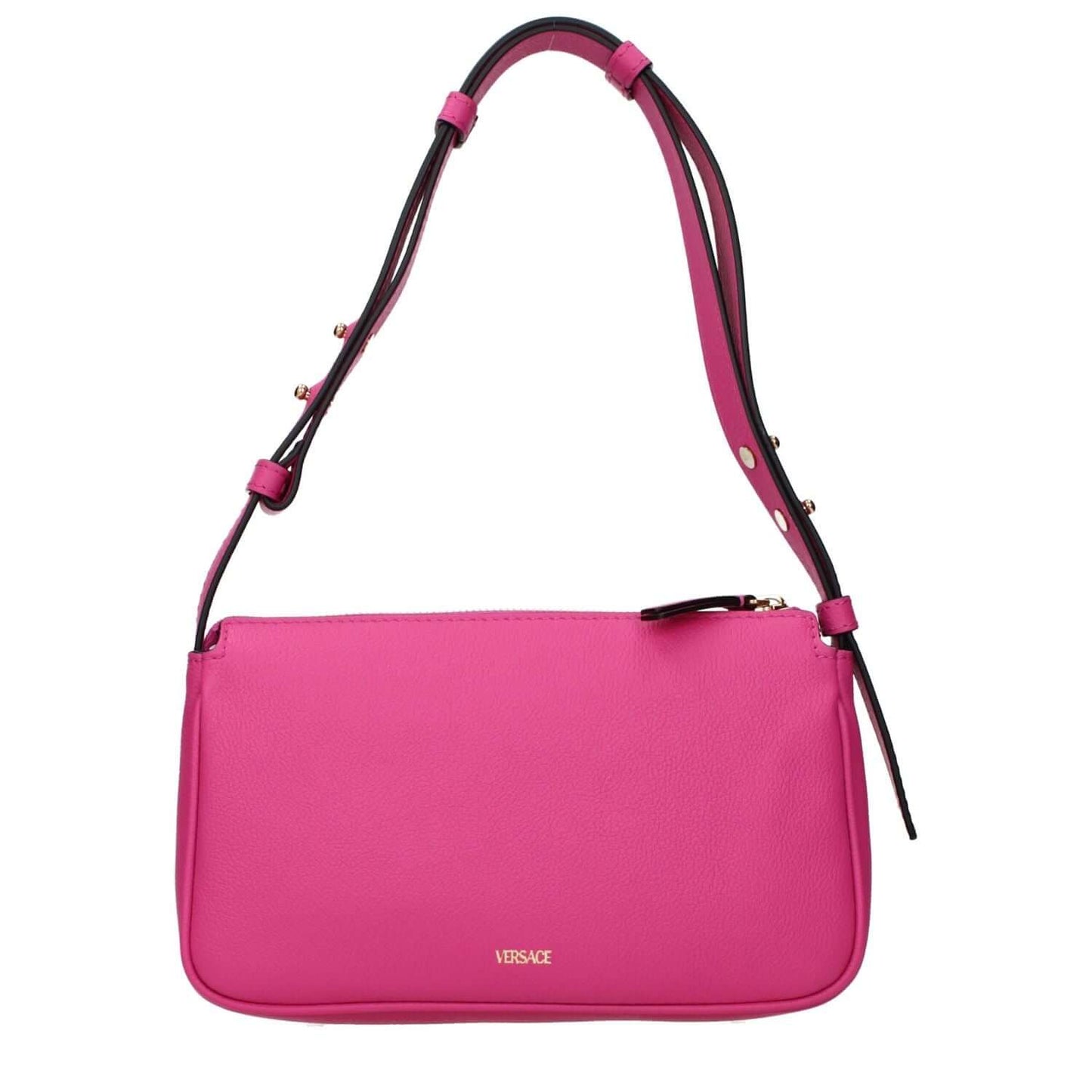 Versace Pink Leather Shoulder Bag featuring fuchsia leather, adjustable handle, front detail, and back logo design.