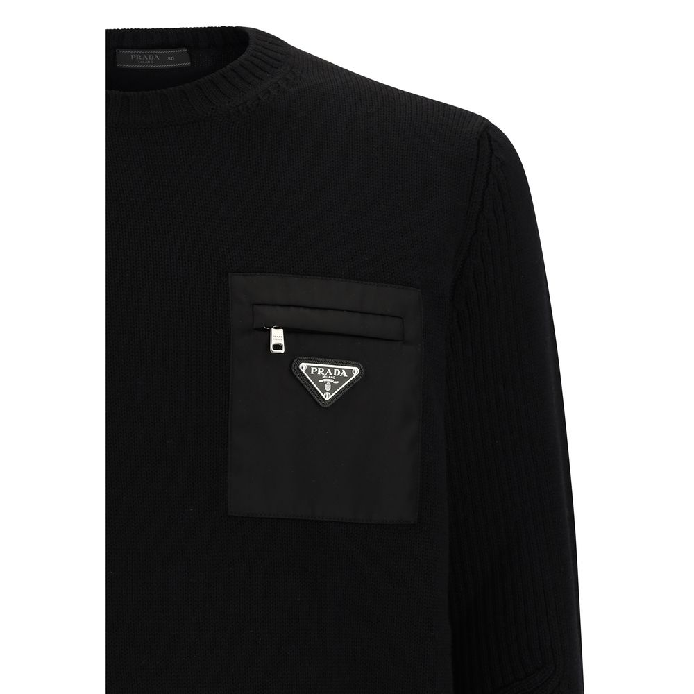 Prada Black Fleece Wool Sweatshirt with ribbed crew neck, zipper pocket, and iconic triangular metal brand logo plaque, made in Italy.