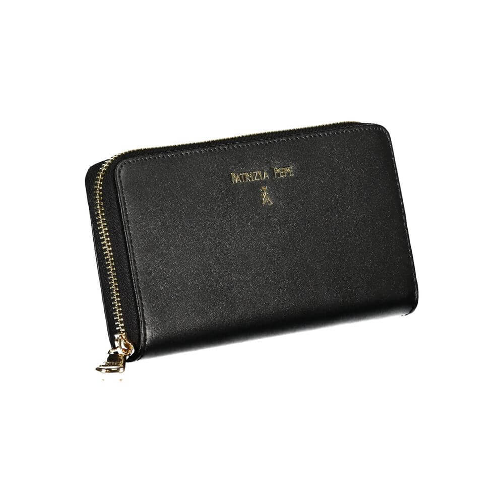 Patrizia Pepe Black Leather Wallet with zip closure, 6 compartments, card spaces, and coin purse, featuring logo.