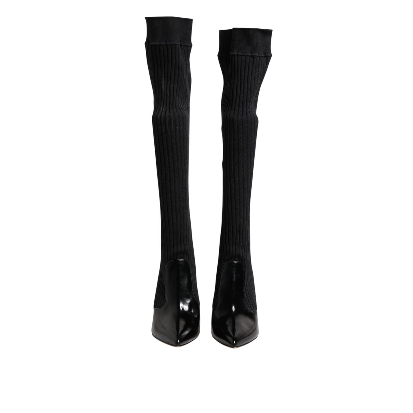 Dolce & Gabbana Black Leather Ribbed Knit Knee Boots Shoes LA11448-40