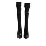 Dolce & Gabbana Black Leather Ribbed Knit Knee Boots Shoes LA11448-40