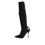 Dolce & Gabbana Black Leather Ribbed Knit Knee Boots Shoes LA11448-40