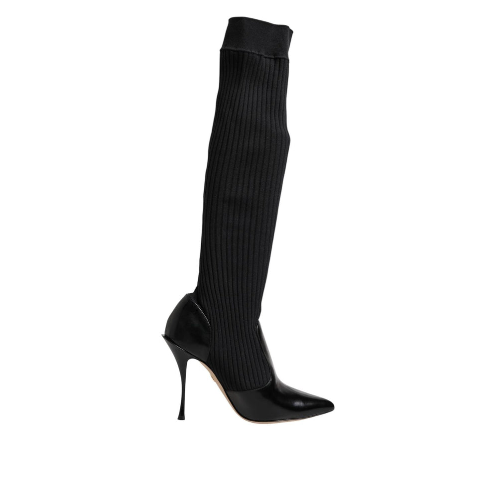 Dolce & Gabbana Black Leather Ribbed Knit Knee Boots Shoes LA11448-40