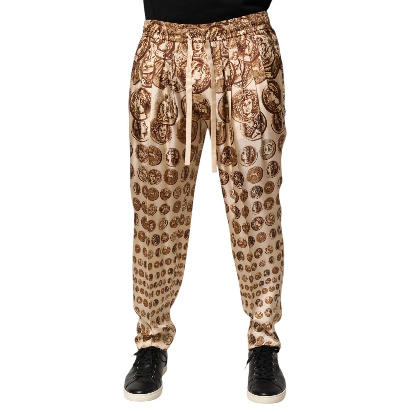 Dolce & Gabbana Beige Coin Print Silk Twill Men Jogger Pants