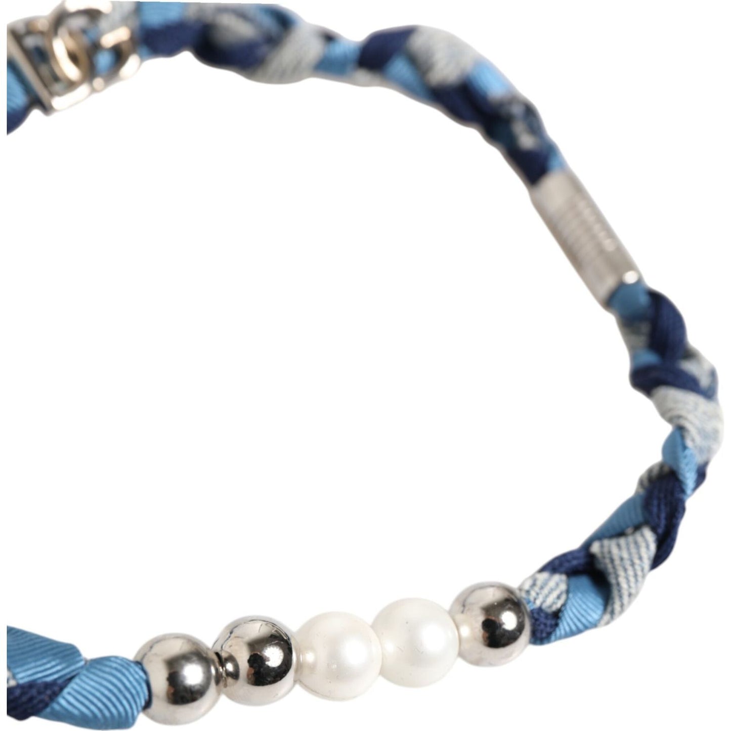 Dolce & Gabbana Blue White Braided Silver Metal Logo Beaded Men Bracelet SMY11101