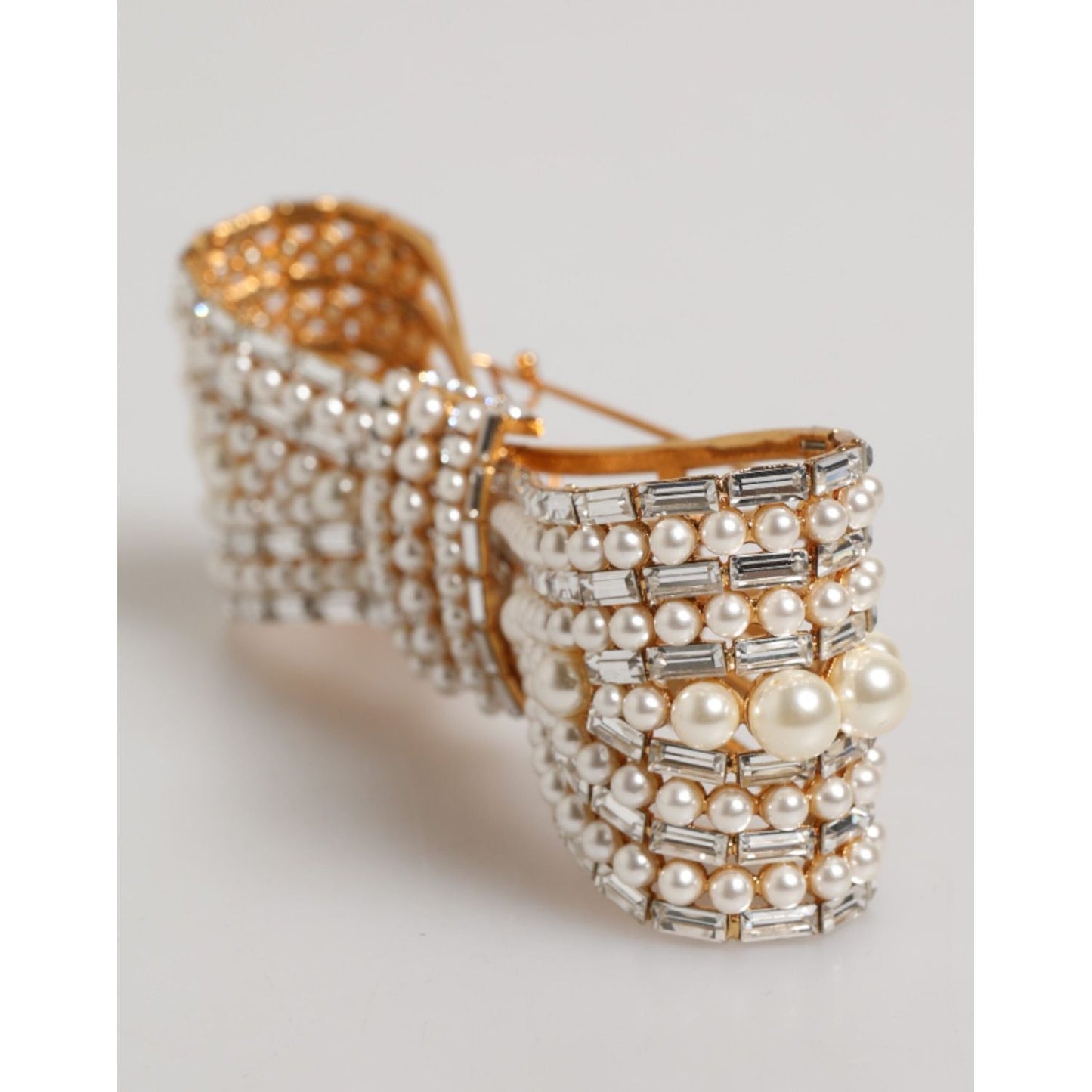 Dolce & Gabbana Gold Tone Brass Bow Crystal FauxPearl Embellished Brooch SMY11072