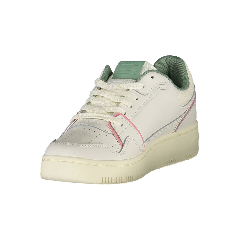 Tommy Hilfiger White Leather Women Sneaker with green and pink details, lace-up design, and iconic logo for sporty chic style.