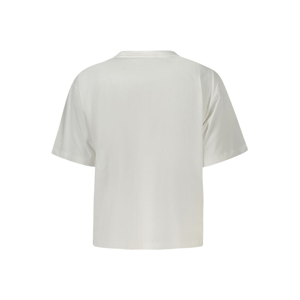 Back view of Guess Jeans White Cotton Women T-Shirt, featuring a boxy silhouette and crew neck design made from organic cotton.