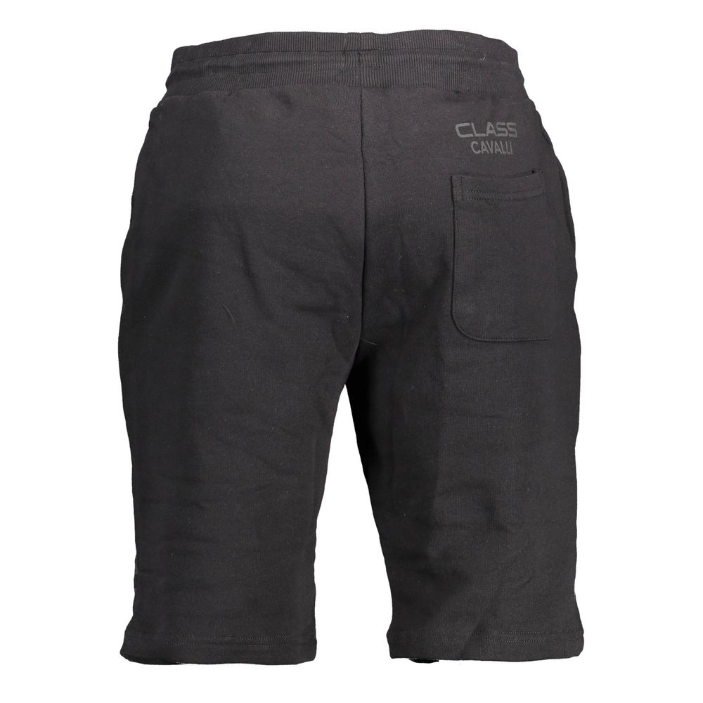 Cavalli Class Black Cotton Pant, sports shorts with elastic waist, laces, 3 pockets, contrasting details, print logo.