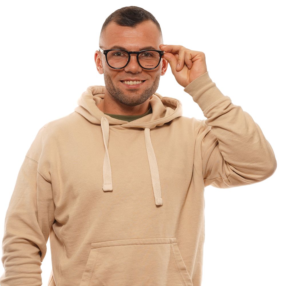 Man wearing Longines Black Plastic Glasses (Frames), round full-rim style with demo lenses, against white background.