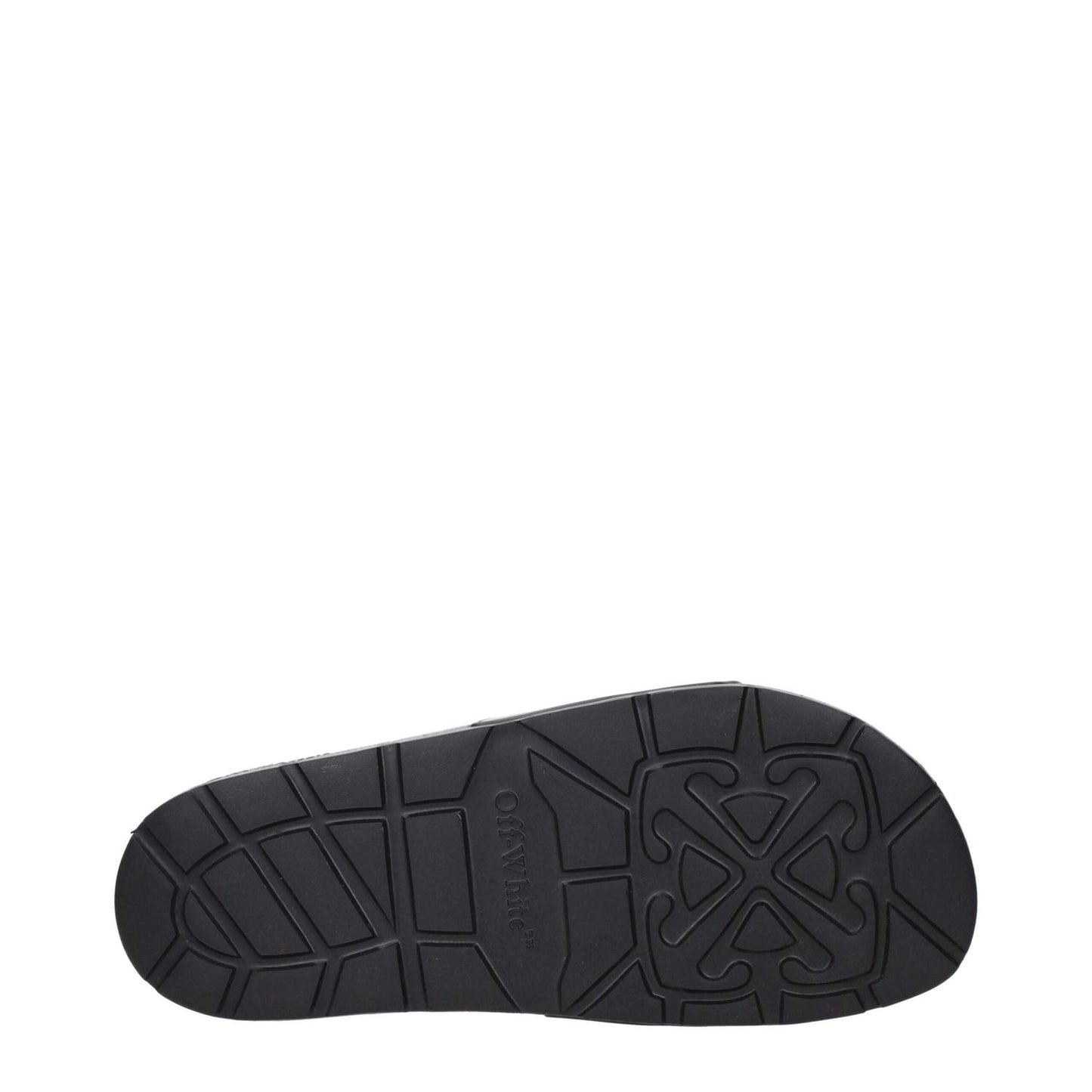 Sole of Off-White Black Cotton Slippers with embossed logo design, showcasing detailed tread pattern. MPN OMIU002MAT0011001.