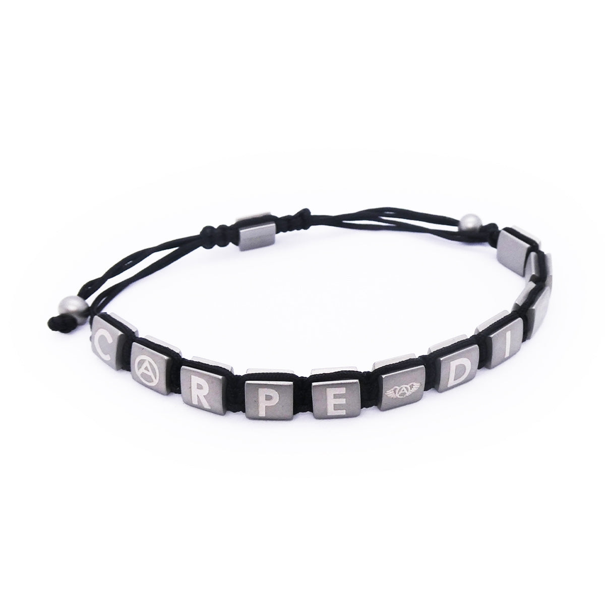 Black and silver bracelet spelling 'CARPE DIEM' by AN JEWELS JEWELRY Mod. AA.P222 on a white background.