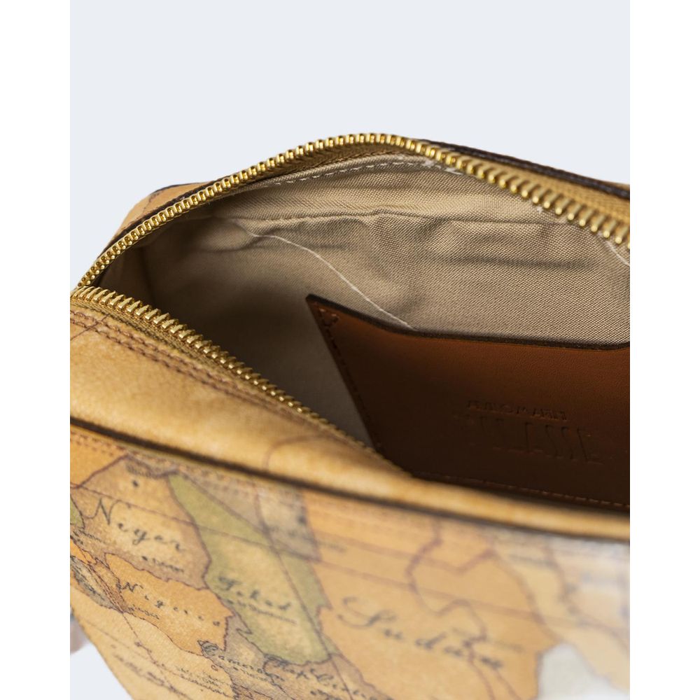 Alviero Martini Prima Classe Beige Cotton Handbag with map print showing interior view and zipper detail