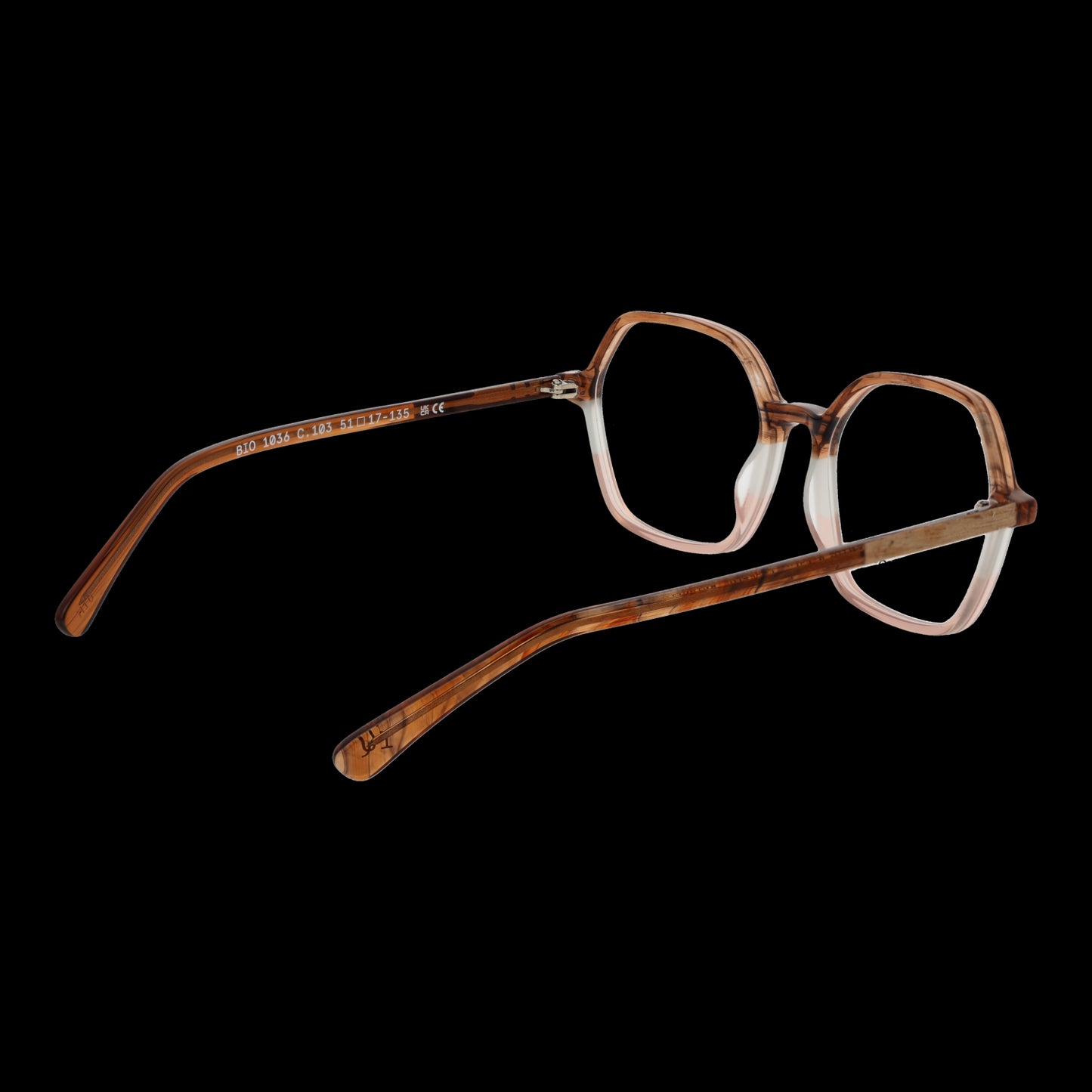 BOTANIQ MOD. BIO-1036 51103 eyeglasses for ladies with stylish hexagonal brown frame on a black background.