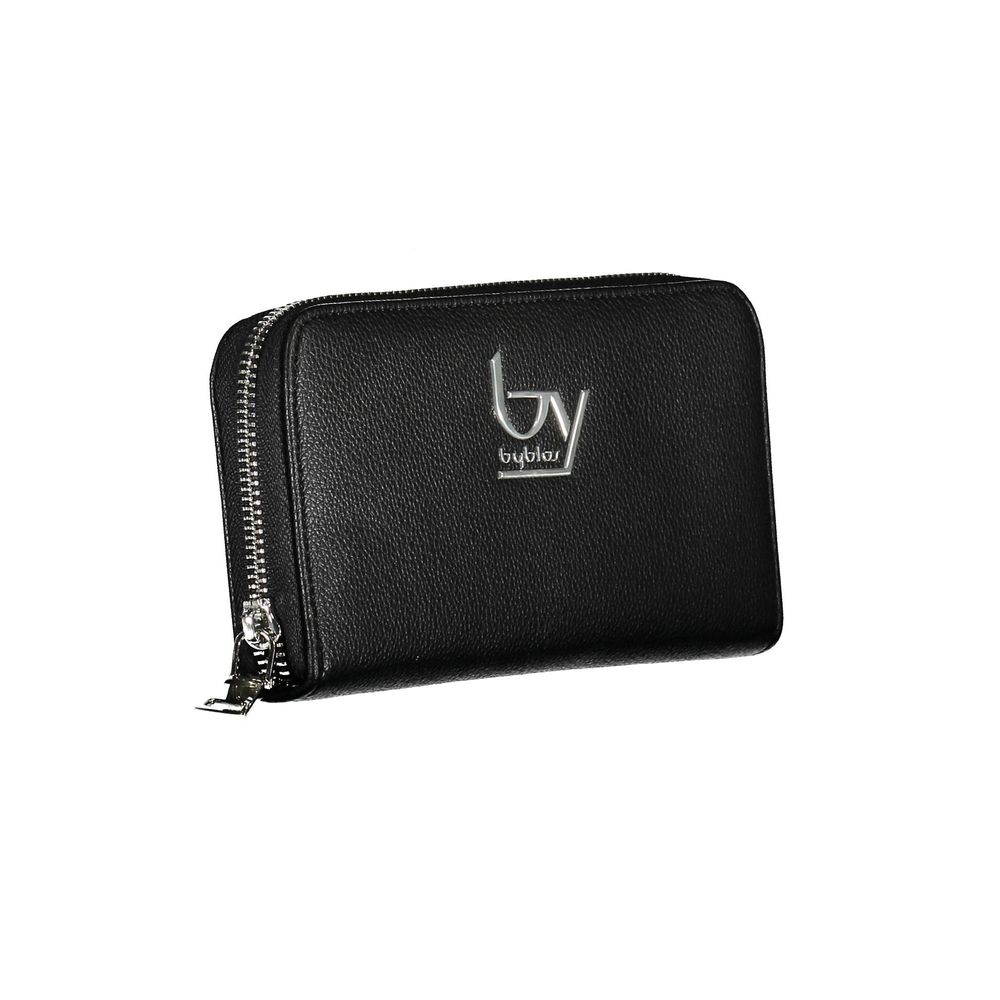 BYBLOS Black Polyethylene Wallet with zip closure, five compartments, coin purse, card spaces, and logo detailing.