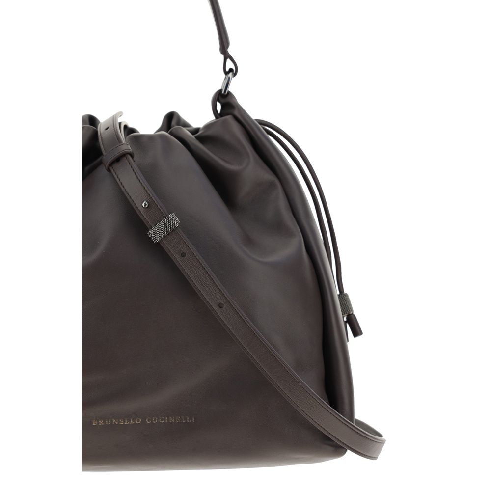 Brunello Cucinelli Brown Calf Leather Bos Taurus Shoulder Bag with drawstring and adjustable handle, AW25 collection