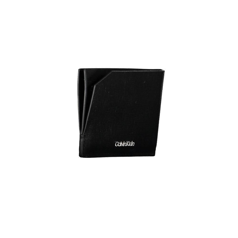 Calvin Klein Black Leather Wallet with RFID block, 2 compartments, card spaces, contrast details, and logo design.