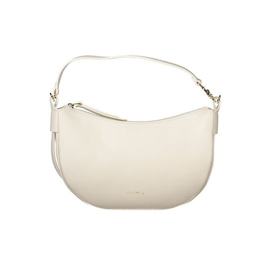 Coccinelle White Leather Handbag with adjustable strap and internal pocket, featuring zip closure and logo detail, elegant design.