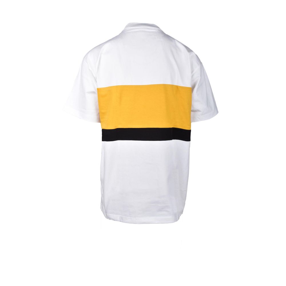 Back view of a white t-shirt with a yellow and black horizontal stripe, emphasizing modern design and casual style.