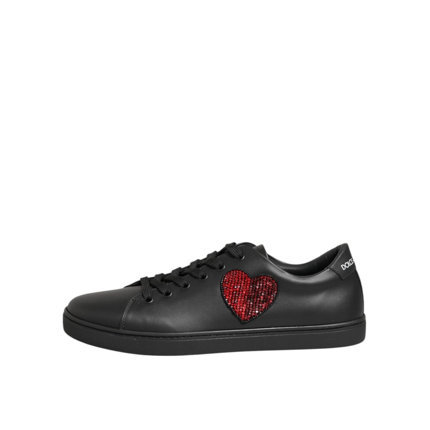 Dolce & Gabbana Black Leather Crystal Heart Sneakers Shoes LA12923-36.5